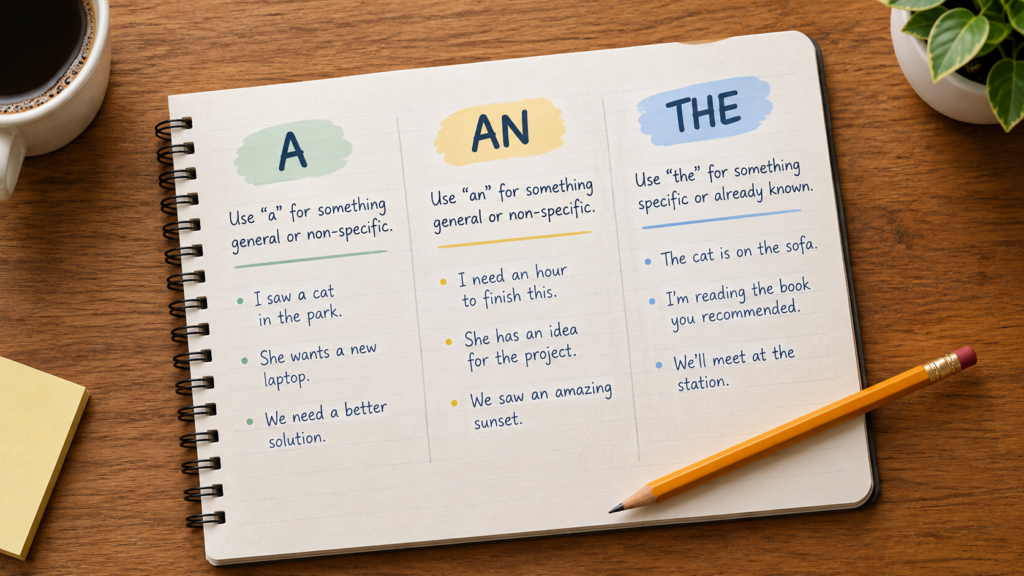 Notebook page with handwritten examples of the English articles a, an, and the