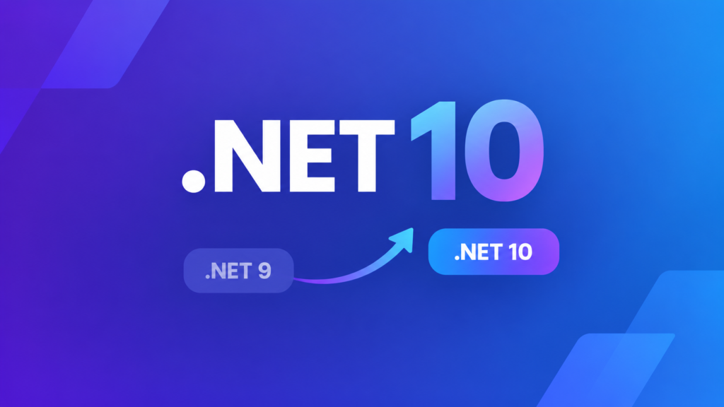 Abstract graphic representing the .NET 10 release with a purple and blue gradient and an upgrade arrow motif