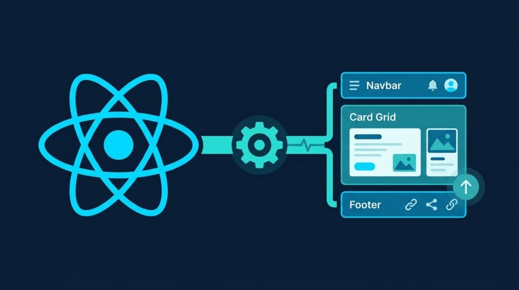Abstract illustration representing React 19 features, showing a React-inspired shape connected to a build pipeline and UI components.