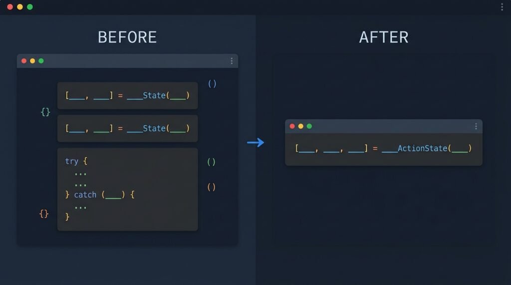 Before and after comparison showing manual form state code replaced by the useActionState hook in React 19.