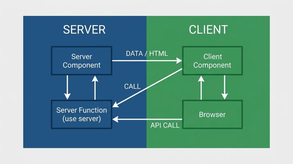 Architecture diagram showing the separation between React Server Components and Client Components and how they communicate.