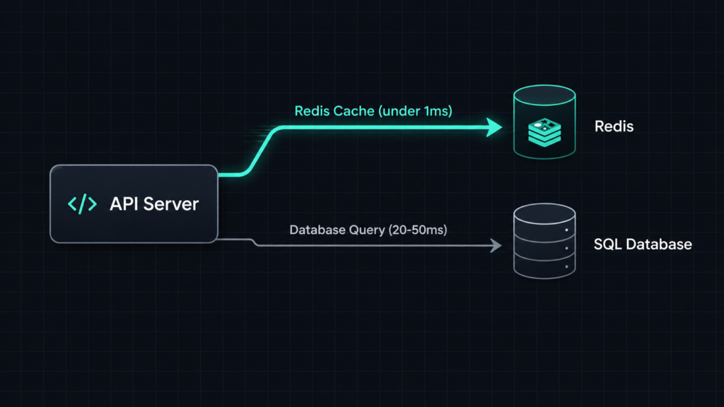 Diagram showing an API server routing fast reads through Redis cache versus slower direct database queries